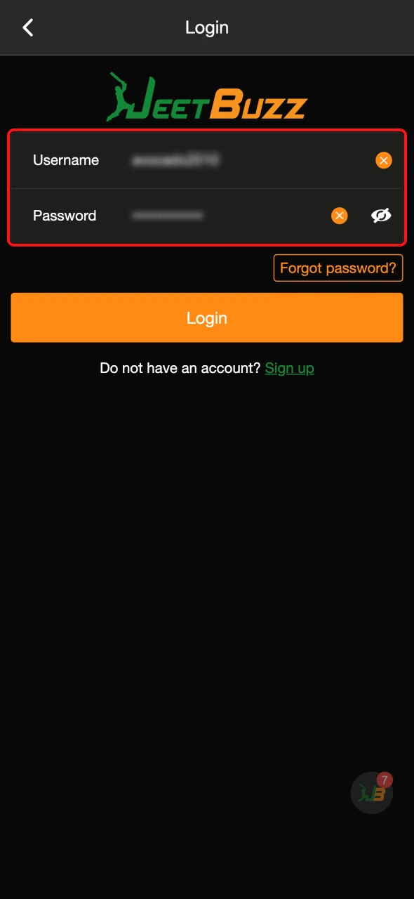 Provide your username and password in the JeetBuzz login fields.